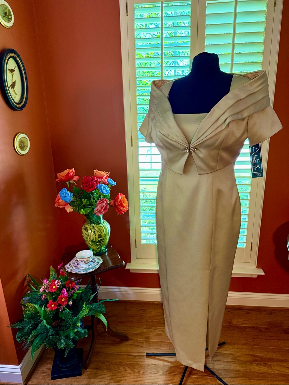 Alex Evenings Pale Green Formal Column Gown with Draped Rhinestone Clasp Jacket